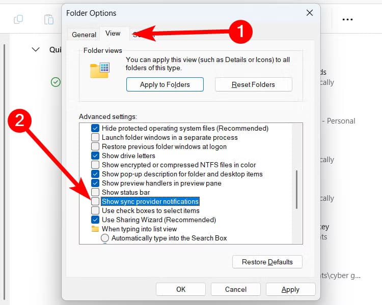 folder-options-view-disable-show-sync-windows-1 إعدادات افتراضية في Windows 11 يجب تعطيلها لتحسين الأداء والتجربة