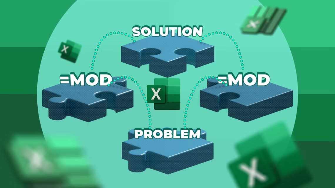 illustration-of-puzzle-pieces-connected-showing-a-problem-linked-to-the-mod-function-in-excel-with-a-connection-leading-to-the-solution-and-excel-icons-around دالة MOD في Excel لحل مسائل عملية بخطوات بسيطة