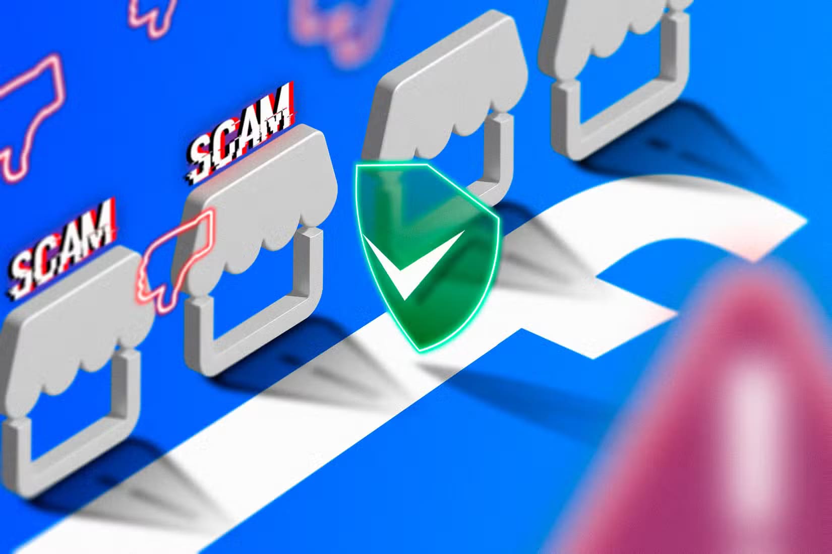illustration-of-several-marketplaces-side-by-side-marked-as-spam-the-facebook-logo-on-the-ground-and-a-security-icon كيفية فحص جهاز Mac مستعمل قبل الشراء