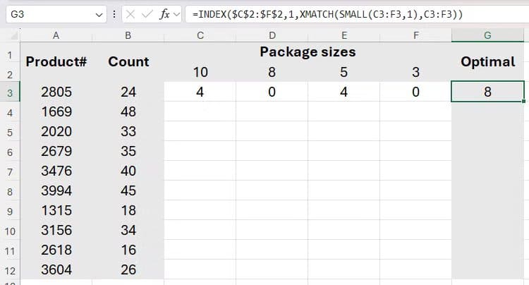 index-and-xmatch-in-excel-being-used-to-return-the-optional-package-size-for-a-product دالة MOD في Excel لحل مسائل عملية بخطوات بسيطة