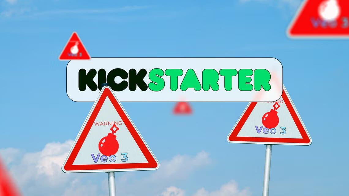 kickstarter-logo-with-several-warning-signs-featuring-a-bomb-and-the-text-veo-3 المخاطر الخفية لاستخدام Veo 3 من Google في Kickstarter