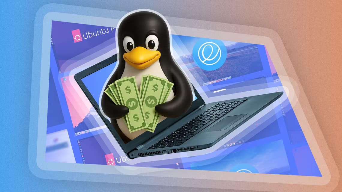linux-mascot-coming-out-of-a-laptop-screen-holding-some-bills-with-a-few-linux-distros-in-the-background هل توجد توزيعات Linux مدفوعة وما الذي يجعلها مختلفة عن المجانية