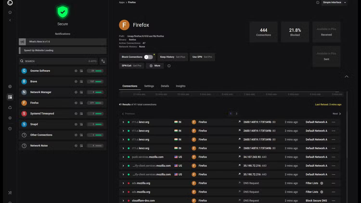 portmaster-checking-what-servers-firefox-is-connecting-to كيف تجعل توزيعة Linux أكثر أمانًا بخطوات بسيطة