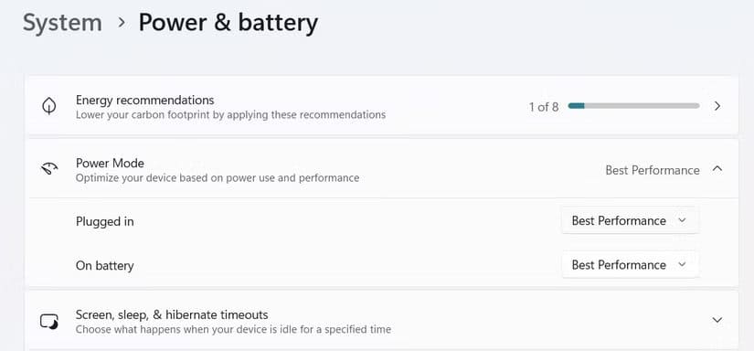 power-mode-option-in-the-settings-menu تخلّص من هذه العادات لتسريع Windows 11 وتحسين أدائه