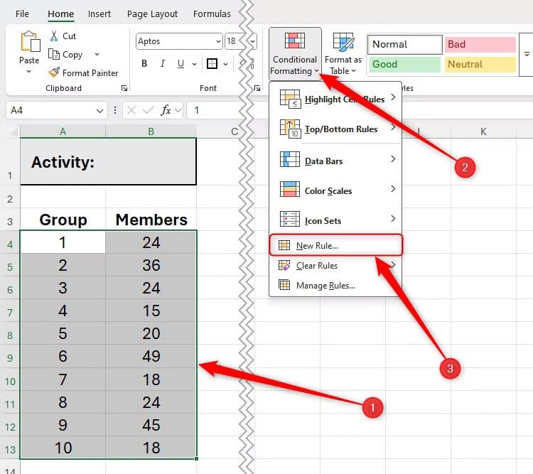 several-cells-in-excel-are-selected-and-the-new-rule-button-in-the-conditional-formatting-menu-is-selected دالة MOD في Excel لحل مسائل عملية بخطوات بسيطة