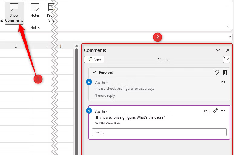 show-comments-is-activated-in-excel-with-the-comments-pane-displaying-two-comment-threads ما الفرق بين الملاحظات والتعليقات في Excel