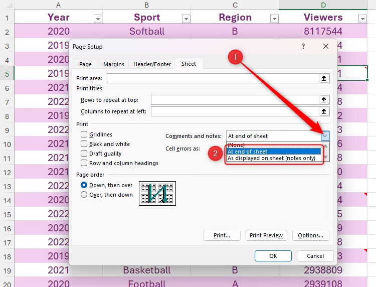 the-comments-and-notes-section-of-the-sheet-tab-in-excel-s-page-setup-dialog-box-is-highlighted ما الفرق بين الملاحظات والتعليقات في Excel