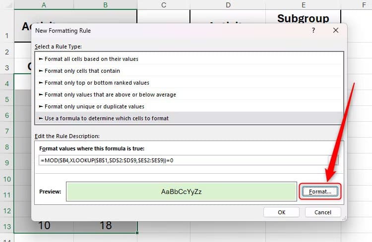 the-format-button-in-the-conditional-formatting-rule-dialog-box-in-microsoft-excel-is-selected-and-a-light-green-cell-background-is-visible-in-the-preview دالة MOD في Excel لحل مسائل عملية بخطوات بسيطة