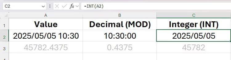 the-int-function-being-used-in-excel-to-extract-a-date-from-a-date-time-value دالة MOD في Excel لحل مسائل عملية بخطوات بسيطة