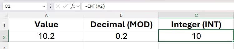 the-int-function-being-used-in-excel-to-extract-an-integer-from-a-decimal دالة MOD في Excel لحل مسائل عملية بخطوات بسيطة