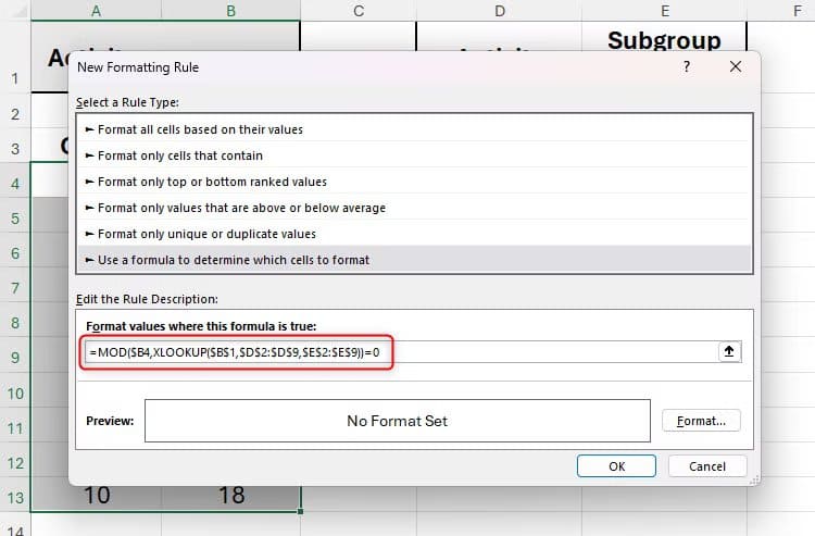 the-mod-function-being-used-in-a-conditional-formatting-rule-in-microsoft-excel دالة MOD في Excel لحل مسائل عملية بخطوات بسيطة