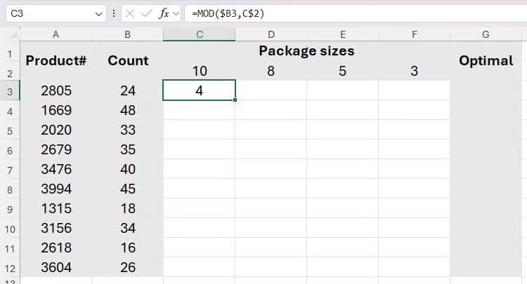 the-mod-function-being-used-in-excel-to-calculate-the-leftover-of-a-product-if-it-is-packed-in-a-package-with-10-spaces دالة MOD في Excel لحل مسائل عملية بخطوات بسيطة