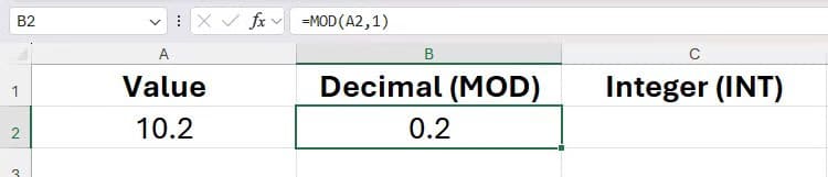 the-mod-function-in-excel-being-used-to-extract-the-decimal-from-a-number دالة MOD في Excel لحل مسائل عملية بخطوات بسيطة