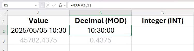 the-mod-function-in-excel-being-used-to-extract-the-time-from-a-date-time-value دالة MOD في Excel لحل مسائل عملية بخطوات بسيطة