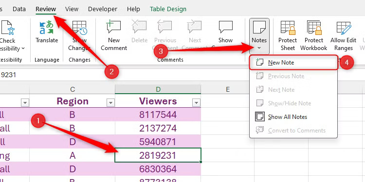 the-new-note-option-in-the-review-tab-on-the-ribbon-in-excel ما الفرق بين الملاحظات والتعليقات في Excel