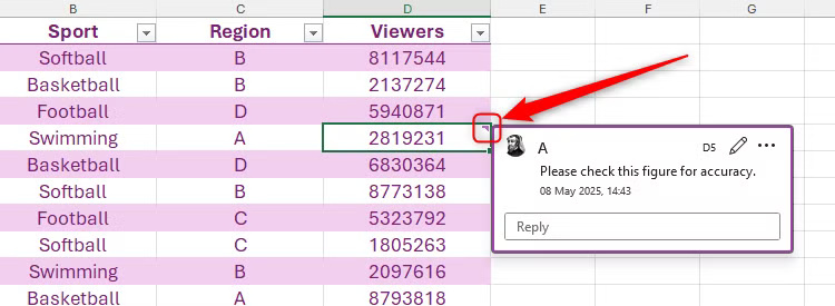 the-purple-label-in-the-corner-of-a-cell-in-excel-indicating-that-a-comment-has-been-added ما الفرق بين الملاحظات والتعليقات في Excel