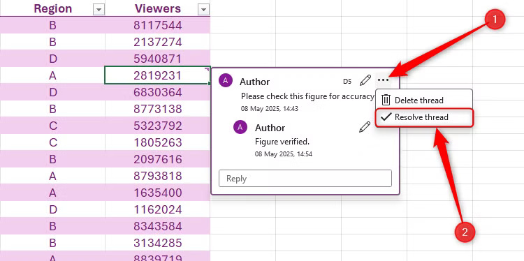 the-resolve-thread-button-on-a-comment-thread-in-excel-is-selected ما الفرق بين الملاحظات والتعليقات في Excel