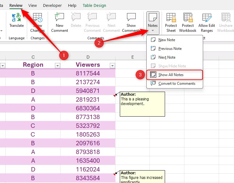 the-show-all-notes-option-in-excel-is-activated-revealing-all-the-cell-notes-in-a-worksheet ما الفرق بين الملاحظات والتعليقات في Excel