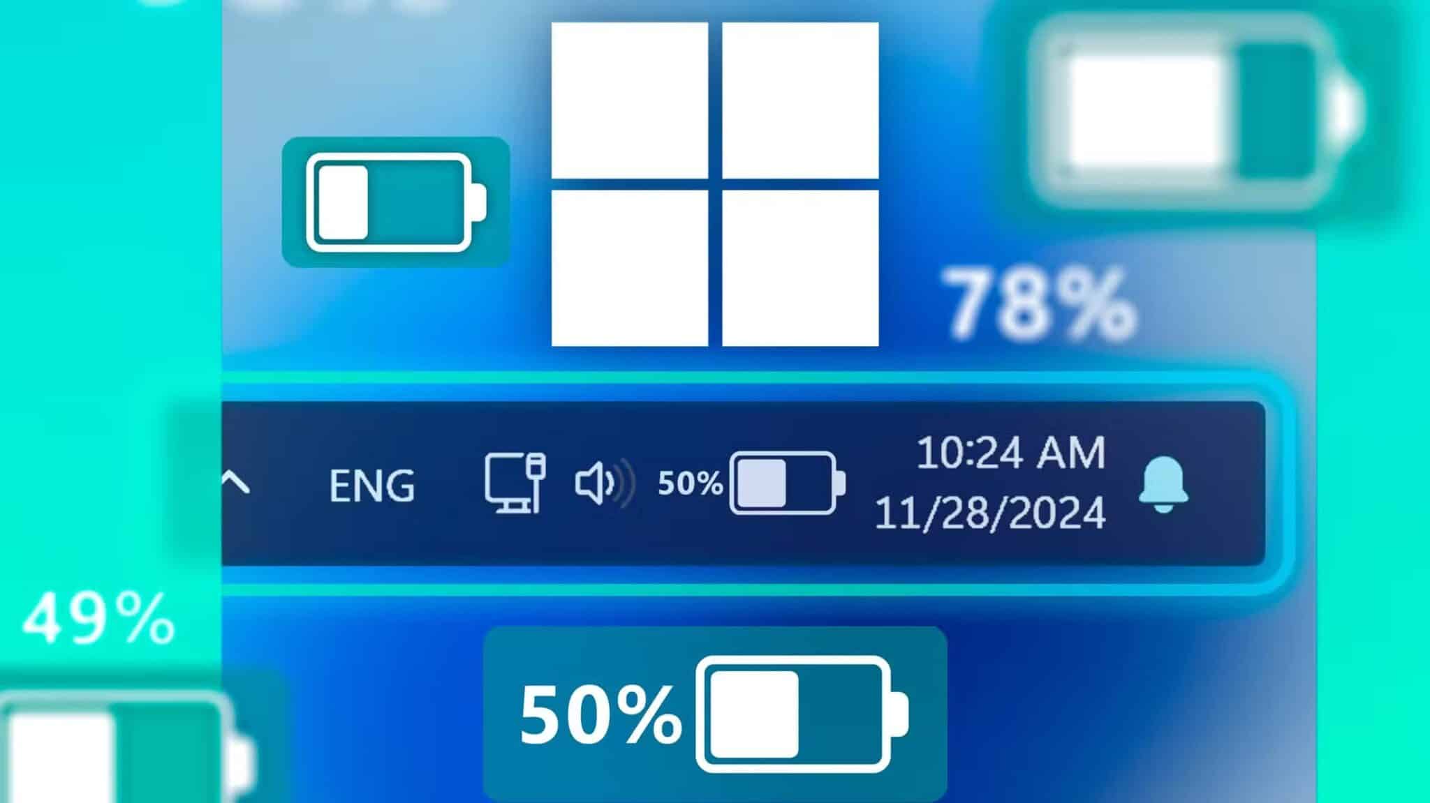 windows-taskbar-with-the-battery-icon-and-percentage-next-to-it-the-windows-logo-and-several-battery-icons-around-scaled الحل النهائي لتفعيل تنبيهات البطارية المخصصة على Windows 11