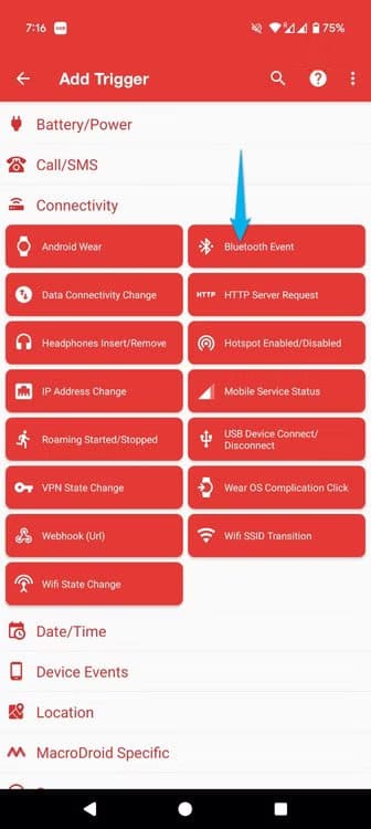3-macrodroid-bt-event كيف تجعل هاتف Android يفتح تطبيقًا تلقائيًا عند توصيل السماعات