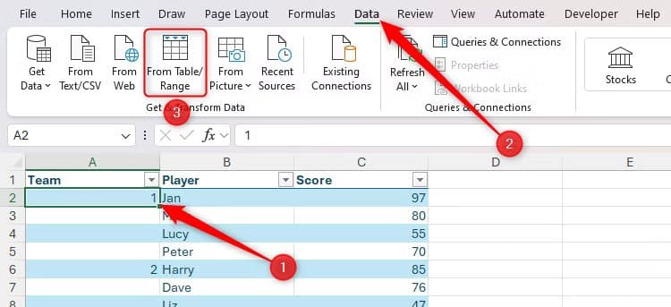 a-cell-in-a-dataset-in-excel-is-selected-and-the-from-table-or-range-icon-in-the-data-tab-is-highlighted أوامر في Power Query تُسهّل تنظيف وتحويل البيانات في Excel