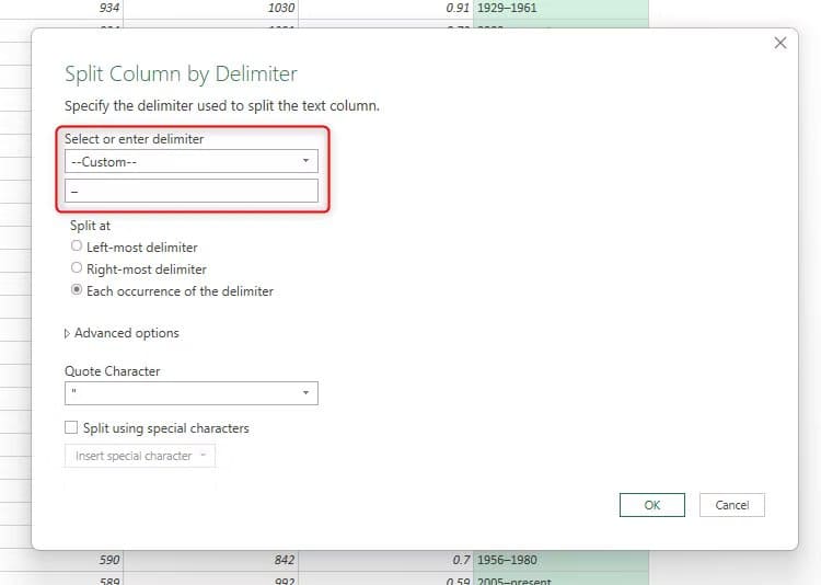 a-dash-is-selected-as-the-delimiter-in-the-power-query-editor-s-split-column-by-delimiter-dialog-box-in-excel أوامر في Power Query تُسهّل تنظيف وتحويل البيانات في Excel