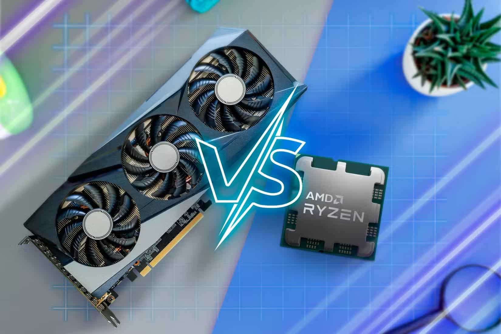 a-gpu-and-a-cpu-on-a-table-with-a-vs-between-them هل أداء الألعاب لديك منخفض بسبب المعالج هذه العلامات تؤكد ذلك