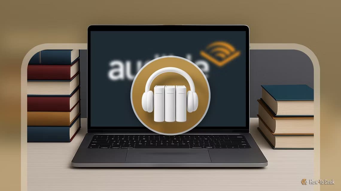 a-laptop-on-a-desk-with-books-beside-it-the-audible-logo-blurred-on-the-screen-and-the-audiobookshelf-logo-in-the-foreground كيف أنشأت مكتبة كتب صوتية خاصة دون الحاجة إلى Audible