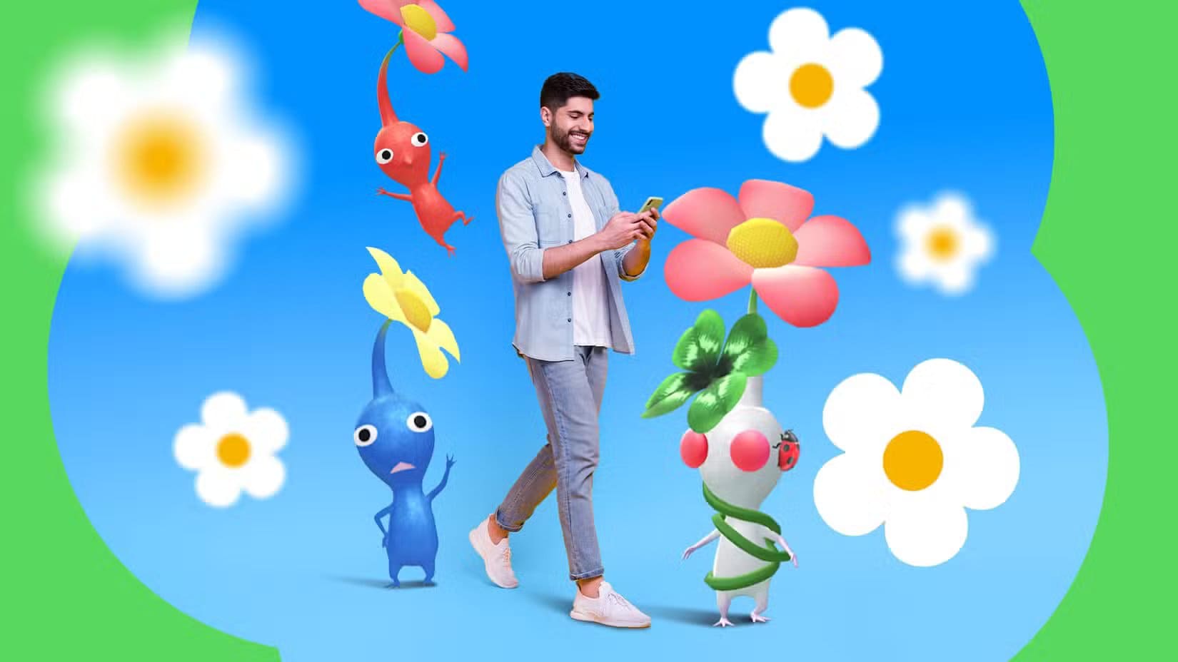 a-man-walking-while-using-his-phone-surrounded-by-colorful-pikmin-bloom-characters-and-cartoon-flowers-on-a-blue-background لماذا ألعاب Android تتفوق على ألعاب الكمبيوتر