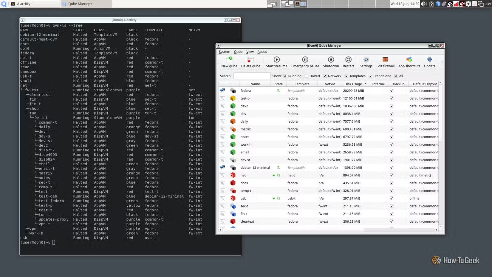 a-qubes-desktop-displays-a-terminal-window-and-a-program-both-display-a-list-of-virtual-machines Qubes يقدم حماية وعزلًا لا توفره معظم توزيعات Linux الأخرى