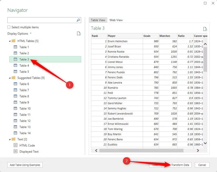 a-table-is-selected-in-excel-s-navigator-dialog-box-and-transform-data-is-clicked أوامر في Power Query تُسهّل تنظيف وتحويل البيانات في Excel