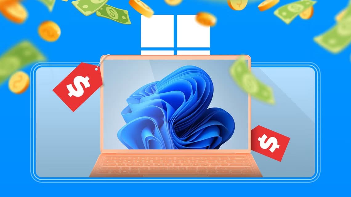 a-windows-11-laptop-with-price-tags-coins-and-dollar-bills-around-it السبب الحقيقي وراء كون Windows غير مجاني