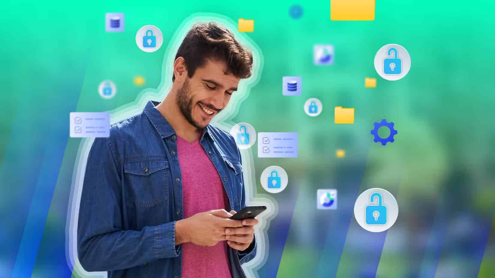 a_man_using_his_phone_with_various_file_and_data_icons_around_him معلومات يجب حذفها من صفحة ملفك الشخصي على مواقع التواصل لحماية خصوصيتك