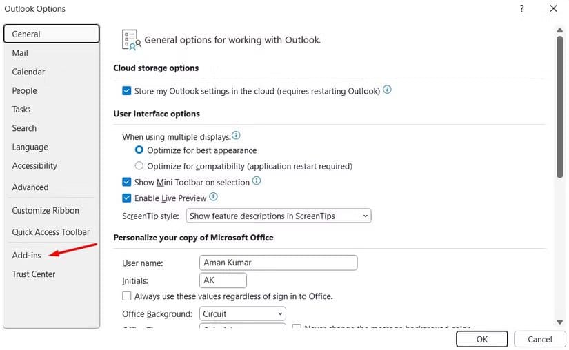 add-ins-option-in-the-outlook-options-window حل مشكلة تعطل Outlook عند فتح الرسائل أو إنشاء بريد جديد