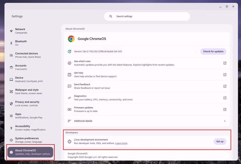 chromeos-about-page-showing-the-developers-section-with-setup-button-for-linux كيف تستخدم تطبيقات Linux على Chromebook لتوسيع قدراته
