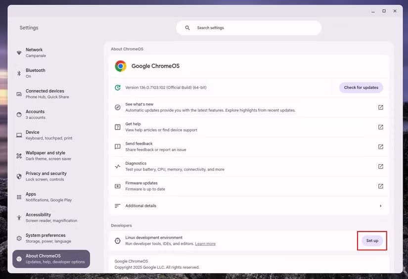 chromeos-about-page-showing-the-developers-section-with-setup-button-highlighted-for-linux كيف تستخدم تطبيقات Linux على Chromebook لتوسيع قدراته