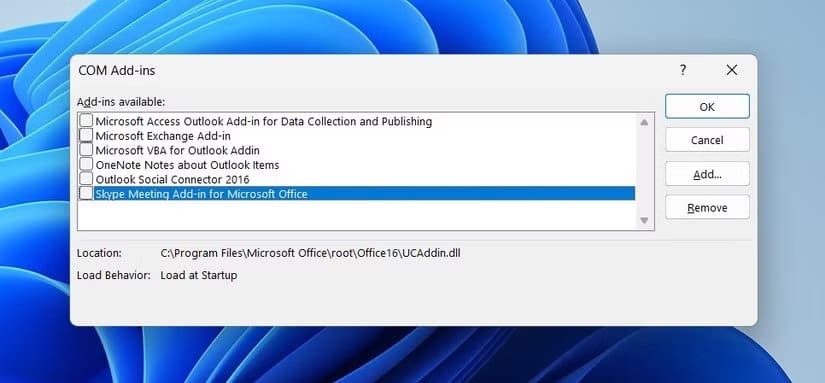 com-add-ins-window-for-outlook حل مشكلة تعطل Outlook عند فتح الرسائل أو إنشاء بريد جديد