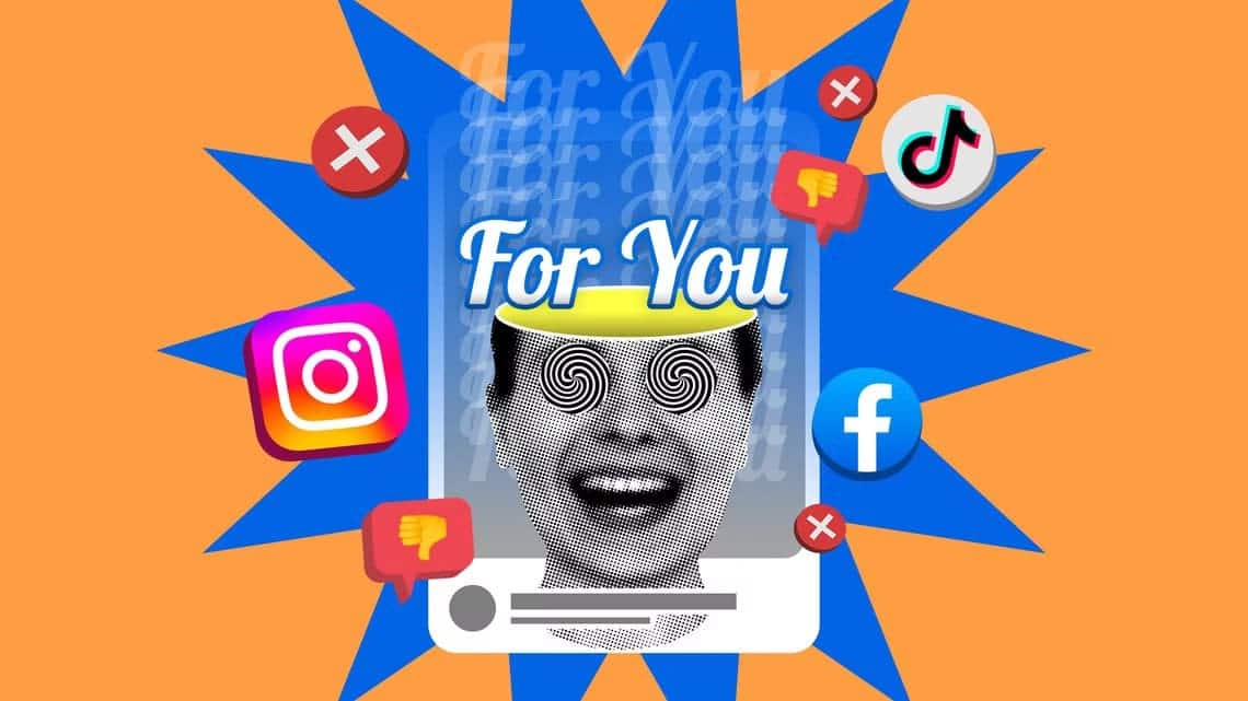 conceptual-illustration-of-a-person-hypnotized-by-the-for-you-page-on-social-media-and-logos-of-instagram-tiktok-and-facebook-surrounding-the-screen-along-with-thumbs-down-icons معلومات يجب حذفها من صفحة ملفك الشخصي على مواقع التواصل لحماية خصوصيتك