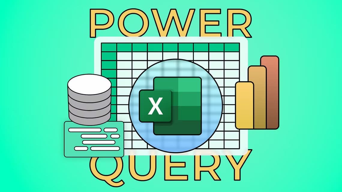 excel-logo-with-a-spreadsheet-in-the-background-some-charts-around-it-and-power-query-written أوامر في Power Query تُسهّل تنظيف وتحويل البيانات في Excel