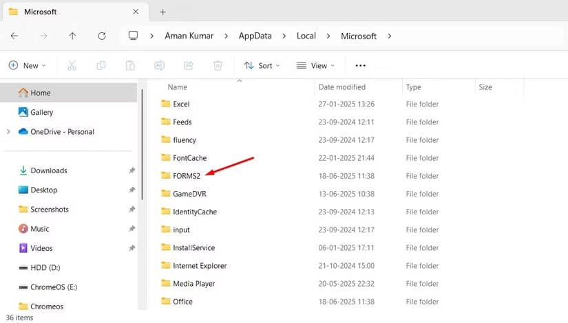 forms2-folder-in-the-microsoft-folder حل مشكلة تعطل Outlook عند فتح الرسائل أو إنشاء بريد جديد