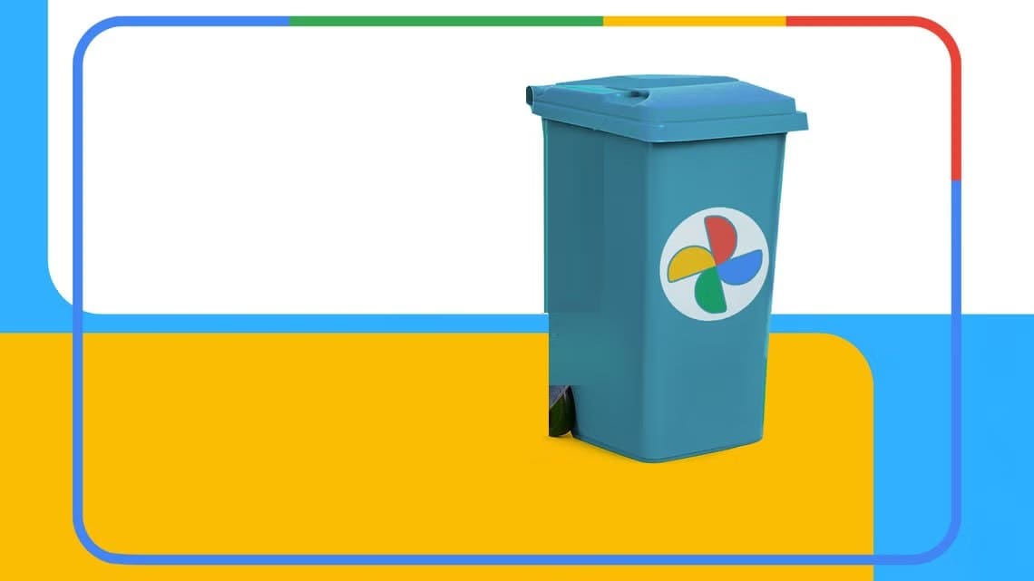 frustrated-woman-sitting-on-the-floor-looking-at-her-phone-next-to-a-blue-trash-bin-with-the-google-photos-logo-against-a-colorful-background-inspired-by-google-s-colors مشكلات خطيرة في تخزين صور Google يجب معرفتها