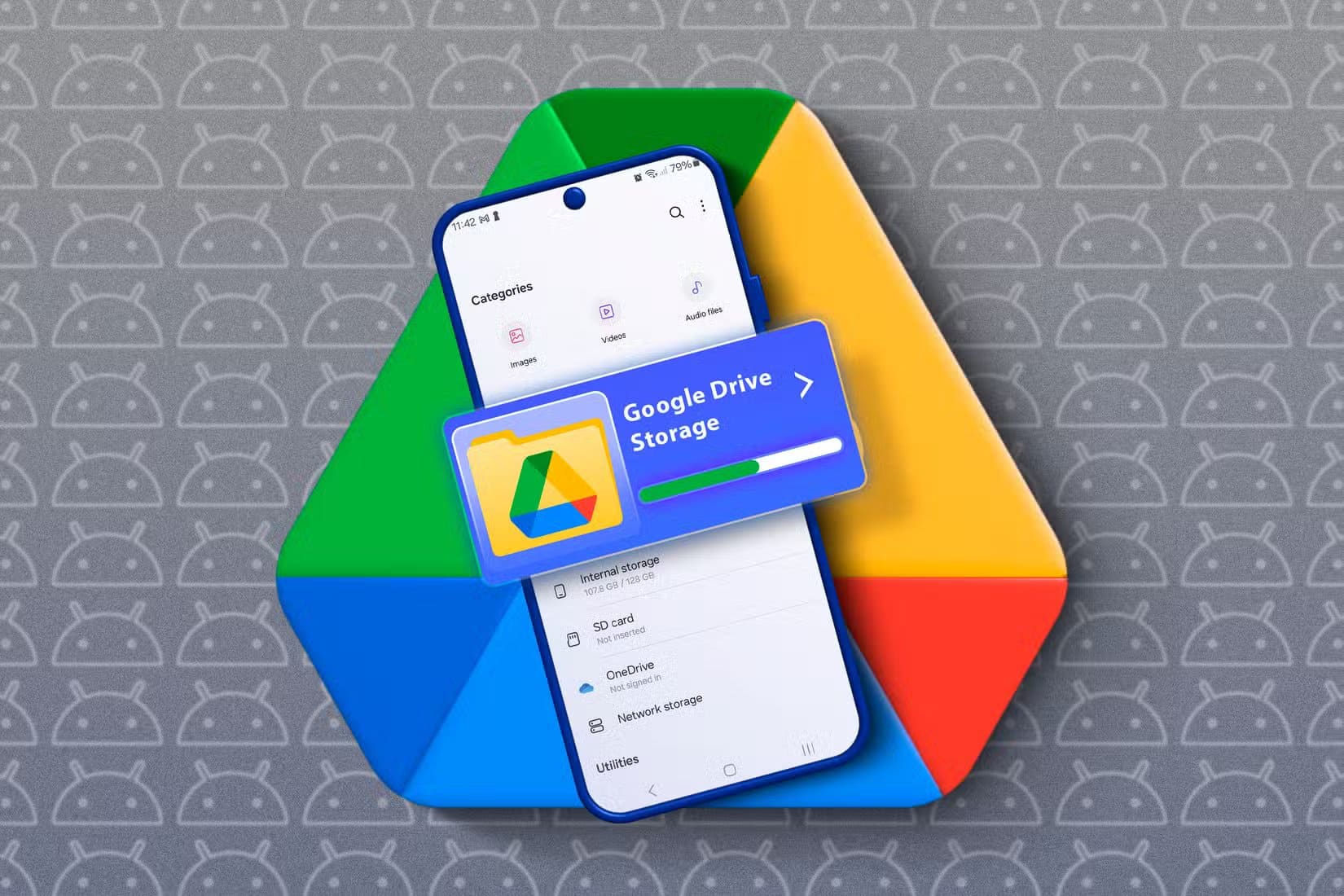 google-drive-logo-with-a-phone-lying-on-top-showing-the-file-manager-displaying-google-drive-storage مشكلات خطيرة في تخزين صور Google يجب معرفتها
