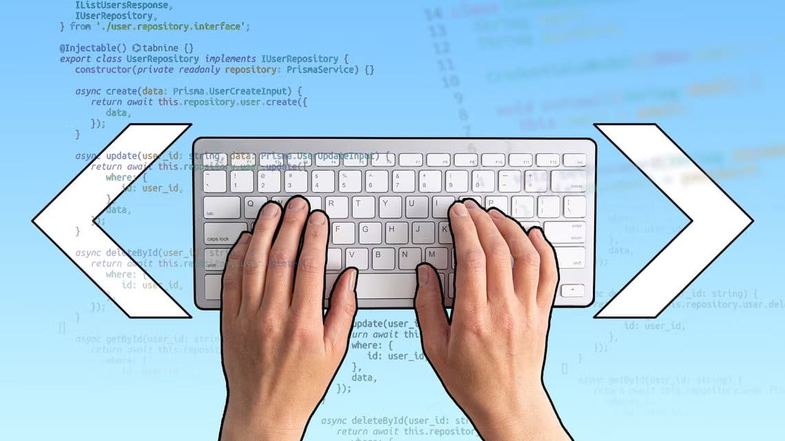 hands-typing-on-a-keyboard-with-code-snippets-in-the-background-and-two-angle-bracket-symbols-on-each-side كيف تبدأ تعلم البرمجة بخطوات بسيطة وفعالة