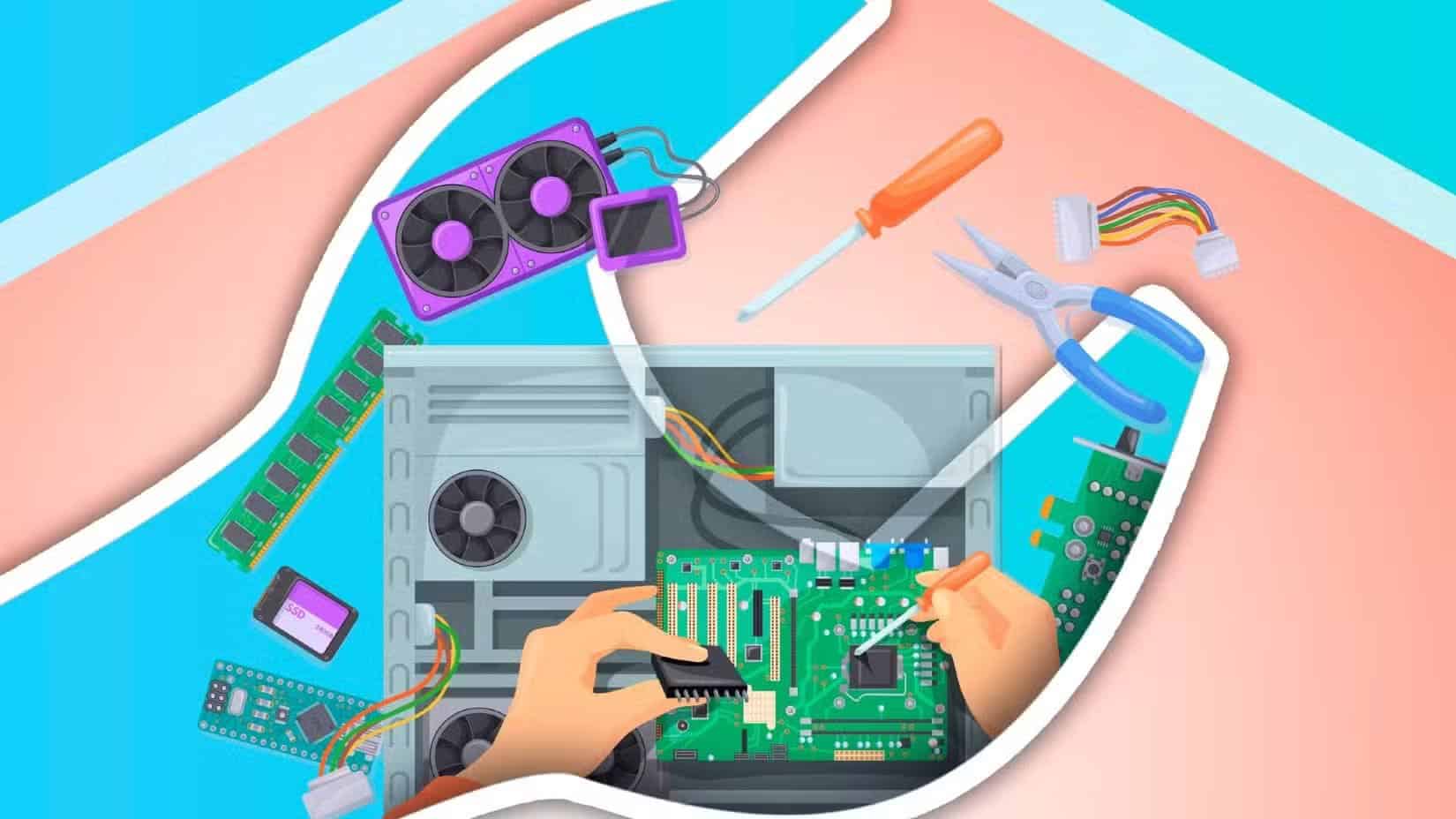 illustration-of-a-disassembled-pc-and-two-hands-assembling-it-with-some-parts-and-tools-around لماذا ألعاب Android تتفوق على ألعاب الكمبيوتر