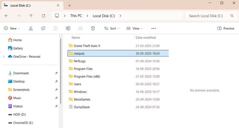 inetpub-folder-in-c-drive استعادة المجلد الهام في Windows بعد حذفه بالخطأ