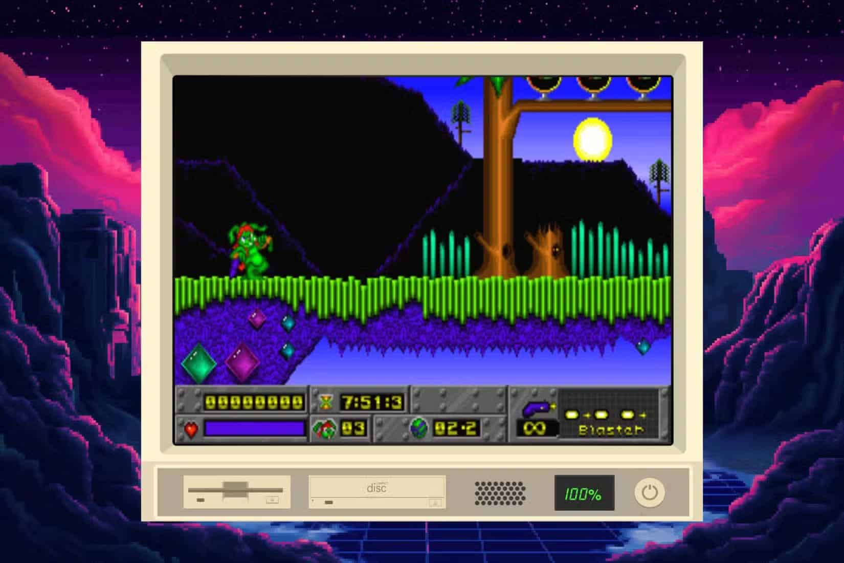 jazz-jackrabbit-running-on-idos-3-with-pixel-art-80s-synthwave-background هل بدأ Windows يفقد مكانته كنظام أساسي لألعاب الكمبيوتر