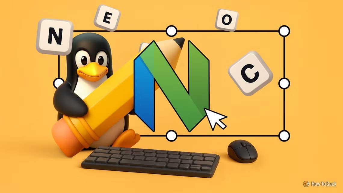 linux-mascot-holding-a-pencil-with-a-keyboard-and-mouse-in-front-of-him-and-the-neovim-logo-at-the-center لماذا يُعد Neovim الخيار المفضل لتحرير النصوص على Linux