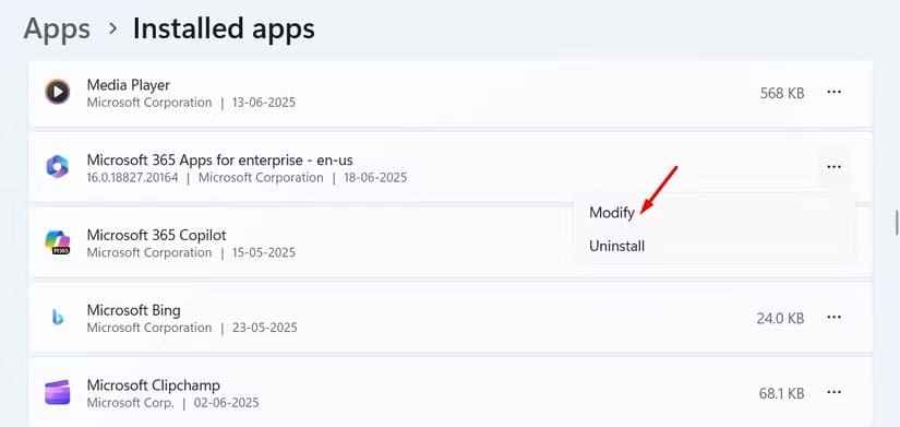 modify-option-for-microsoft-365-apps حل مشكلة تعطل Outlook عند فتح الرسائل أو إنشاء بريد جديد