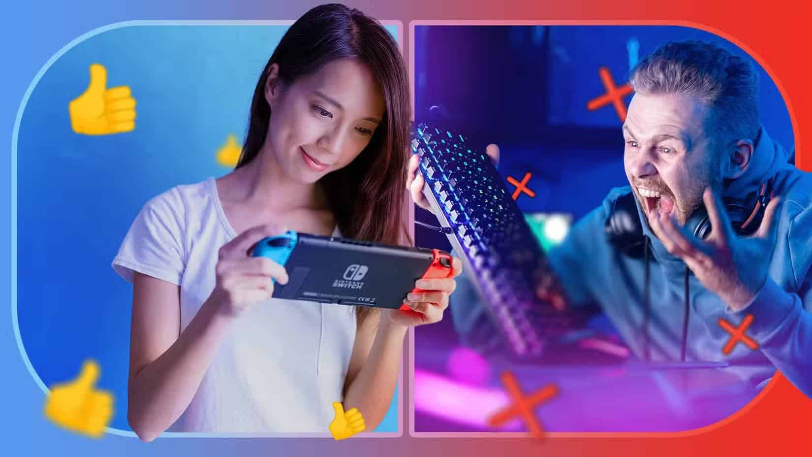 on-the-left-a-woman-playing-on-her-nintendo-switch-on-the-right-an-angry-man-holding-a-pc-keyboard لماذا ألعاب Android تتفوق على ألعاب الكمبيوتر