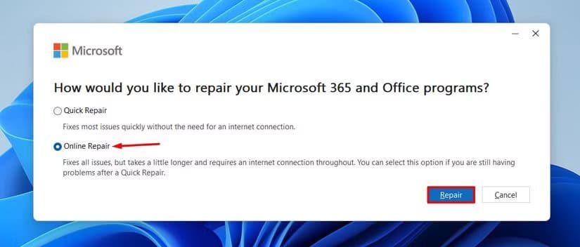 online-repair-option-in-the-microsoft-office-apps-repair-window حل مشكلة تعطل Outlook عند فتح الرسائل أو إنشاء بريد جديد